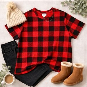 Mud Pie Buffalo Plaid Oversized Boxy Tee Medium Red Black Cozy Top NWOT